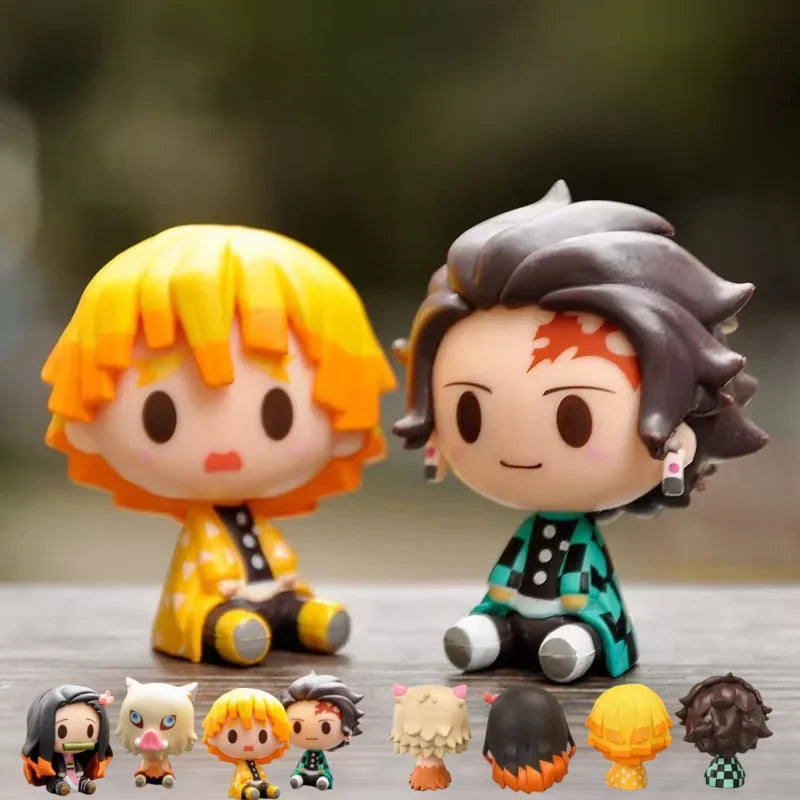 Lot de 4 mini figurines chibi Demon Slayer – Tanjiro, Zenitsu, Nezuko et Inosuke assis, style kawaii, 4,5 cm