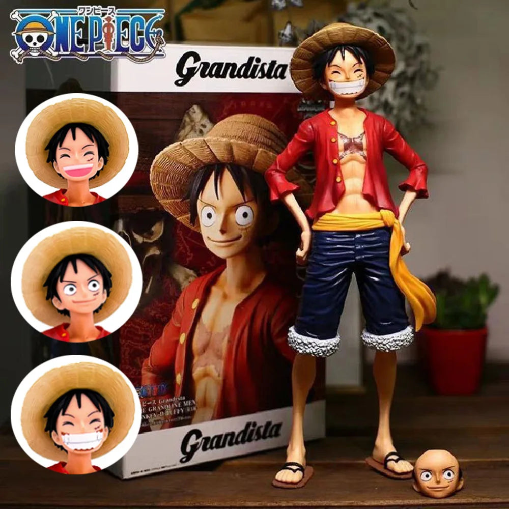 Figurine Luffy Grandista One Piece en PVC, plus de 15 cm, avec trois visages interchangeables et chapeau amovible.